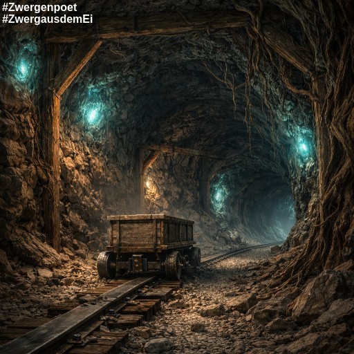 Der rohe Tunnel wird abgest&uuml;tzt mit Holzbalken. Der eingleisige Schienenstrang, auf dem eine schwere Lore steht, verschwindet im Dunkel des Felstunnels, der sp&auml;rlich von blau schimmerndem Myzel beleuchtet wird.